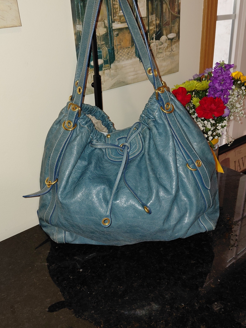Vtg Car Shoe (Prada) Teal Blue & Gold  Crinkled Washed Leather Shoulder Bag